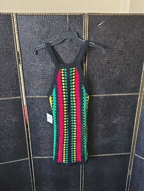 superdown Black Crochet Swim Coverup with Green, Yellow, and Pink Stripes